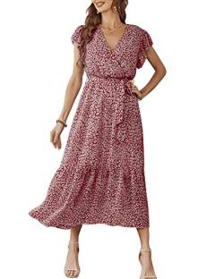 Damen Sommer Lang Kleid V-Ausschnitt Kurzarm Blumen Maxikleid A-Linie Rüschen Sommerkleid Schlitz Gürtel Boho Strandkleid Wickelkleid 2023, A Weinrot, S von Bequemer Laden