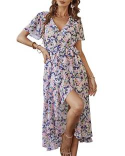 Damen Sommer Lang Kleid V-Ausschnitt Kurzarm Blumen Maxikleid A-Linie Rüschen Sommerkleid Schlitz Gürtel Boho Strandkleid Wickelkleid 2023, B Aprikose, L von Bequemer Laden