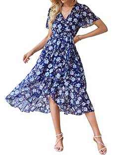 Damen Sommer Lang Kleid V-Ausschnitt Kurzarm Blumen Maxikleid A-Linie Rüschen Sommerkleid Schlitz Gürtel Boho Strandkleid Wickelkleid 2023, B Dunkelblau, XL von Bequemer Laden