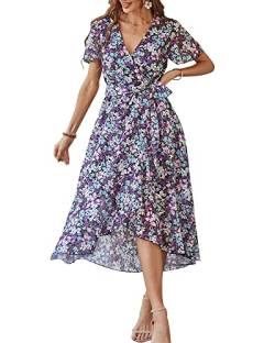 Damen Sommer Lang Kleid V-Ausschnitt Kurzarm Blumen Maxikleid A-Linie Rüschen Sommerkleid Schlitz Gürtel Boho Strandkleid Wickelkleid 2023, B Schwarz, S von Bequemer Laden