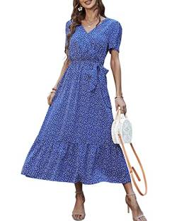 Damen Sommer Lang Kleid V-Ausschnitt Kurzarm Blumen Maxikleid A-Linie Rüschen Sommerkleid Schlitz Gürtel Boho Strandkleid Wickelkleid 2023, C Blau, M von Bequemer Laden