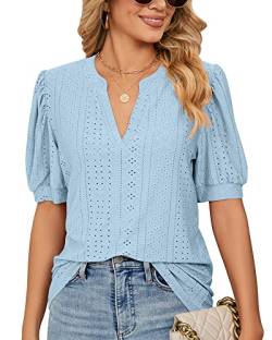 Damen Sommer Puff Kurzarm V-Ausschnitt T-Shirt mit Öse Locker Spitzen Tshirts Tunika Bluse Top 2023, B Blau, XL von Bequemer Laden