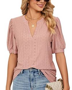 Damen Sommer Puff Kurzarm V-Ausschnitt T-Shirt mit Öse Locker Spitzen Tshirts Tunika Bluse Top 2023, B Pink, XL von Bequemer Laden