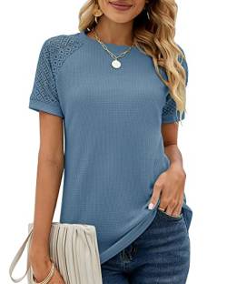 Damen Sommer Spitze Kurzarm Rundhals Tshirt Tunika Einfarbig T-Shirt Tops Locker Oberteile Bluse 2023, Himmelblau, M von Bequemer Laden