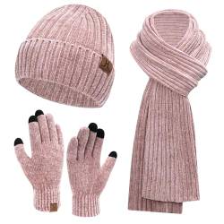 Damen Winter Warm Beanie Mütze Lang Schal und Touchscreen Handschuhe Set, Cord Mützen Strickmütze Schlauchschal Winterhandschuhe, Rosa von Bequemer Laden