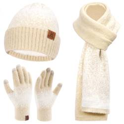 Damen Winter Warm Mütze Touchscreen Handschuhe und Lang Schal Set mit Fleece Gefütterte, Thermo Wintermütze Strickmütze Beanie Winterhandschuhe Strickhandschuhe Schals, Aprikose Weiß von Bequemer Laden