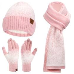 Damen Winter Warm Mütze Touchscreen Handschuhe und Lang Schal Set mit Fleece Gefütterte, Thermo Wintermütze Strickmütze Beanie Winterhandschuhe Strickhandschuhe Schals, Rosa Weiß von Bequemer Laden