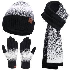 Damen Winter Warm Mütze Touchscreen Handschuhe und Lang Schal Set mit Fleece Gefütterte, Thermo Wintermütze Strickmütze Beanie Winterhandschuhe Strickhandschuhe Schals, Schwarz Weiß von Bequemer Laden