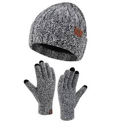 Damen Winter Warm Mütze und Touchscreen Handschuhe Set mit Fleece Gefütterte, Thermo Wintermütze Strickmütze Beanie Winterhandschuhe Strickhandschuhe, Schwarz von Bequemer Laden