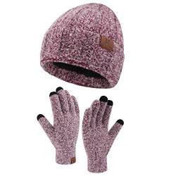 Damen Winter Warm Mütze und Touchscreen Handschuhe Set mit Fleece Gefütterte, Thermo Wintermütze Strickmütze Beanie Winterhandschuhe Strickhandschuhe, Weinrot von Bequemer Laden