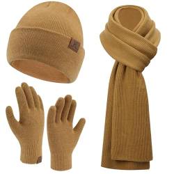 Herren Damen Winter Warm Beanie Mütze Lang Schal Touchscreen Handschuhe Set, Gerippte Strickmütze Wintermütze Schals Winterhandschuhe Geschenk Männer Weihnachten, Braun von Bequemer Laden