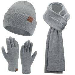 Herren Damen Winter Warm Beanie Mütze Lang Schal Touchscreen Handschuhe Set, Gerippte Strickmütze Wintermütze Schals Winterhandschuhe Geschenk Männer Weihnachten, Grau von Bequemer Laden