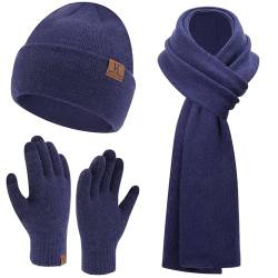 Herren Damen Winter Warm Beanie Mütze Lang Schal Touchscreen Handschuhe Set, Gerippte Strickmütze Wintermütze Schals Winterhandschuhe Geschenk Männer Weihnachten, Navy Blau von Bequemer Laden