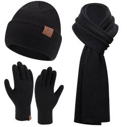 Herren Damen Winter Warm Beanie Mütze Lang Schal Touchscreen Handschuhe Set, Gerippte Strickmütze Wintermütze Schals Winterhandschuhe Geschenk Männer Weihnachten, Schwarz von Bequemer Laden