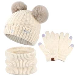 Kinder Winter Warm Pompom Beanie Mütze Schal Schlauchschal und Touchscreen Handschuhe Set mit Fleece Gefüttert für 3-10 Jahre Jungen Mädchen Wintermütze Strickmütze Winterhandschuhe, Weiß von Bequemer Laden