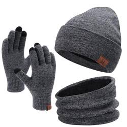 Winter Warm Mütze Loop Schal und Touchscreen Handschuhe Set für Herren und Damen, Wintermütze Strickmütze Beanie Schlauchschal Winterhandschuhe Strickhandschuhe mit Fleece Gefütterte, Marineblau von Bequemer Laden