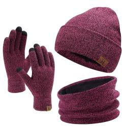 Winter Warm Mütze Loop Schal und Touchscreen Handschuhe Set für Herren und Damen, Wintermütze Strickmütze Beanie Schlauchschal Winterhandschuhe Strickhandschuhe mit Fleece Gefütterte, Rose von Bequemer Laden