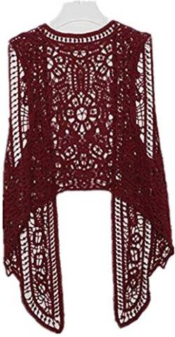 Berax Damen Bluse Lace Häkel Tops Weste Baumwolle Cardigan Hippie Häkeln Hohl Spitze Irregular Boho Weste Bluse (WineRed) von Berax