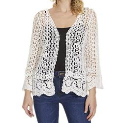 Berax Damen Bolero Sommer Crochet Cardigan Häkeln Hohl Blumen Langarm Strickjacke Strand Cover Up,Weiß von Berax