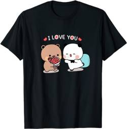 Kawaii Panda Bear Hug Bubu and Dudu I Love You Flower Valentines Days Funny Gift Unisex T-Shirt (Black,2XL) von Berentoya