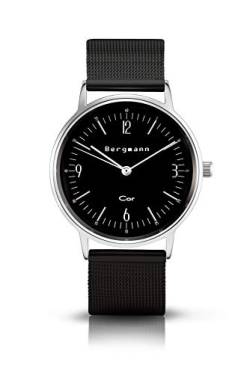 Bergmann Damen Herren Armbanduhr COR Silber Analog Quarz schwarzes Zifferblatt schwarzes 18 mm Milanaisearmband von Bergmann