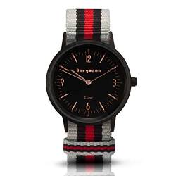 Bergmann Damen Herren Armbanduhr COR schwarz Chinza Preto Analog Quarz schwarzes Zifferblatt grau-schwarz-rot-NATO-Textilarmband von Bergmann