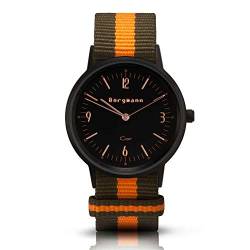 Bergmann Damen Herren Armbanduhr COR schwarz Olivia Analog Quarz schwarz Zifferblatt Oliv-orange-gestreiftes NATO-Textilarmband von Bergmann