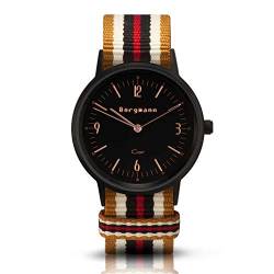 Bergmann Damen Herren Armbanduhr COR schwarz Ouro Analog Quarz schwarzes Zifferblatt Gold-weiß-braun-rot-NATO-Textilarmband von Bergmann