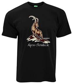 Bergwelt T-Shirt Alpen-Steinbock Berg-Design Herren Kurzarm Rundkragen Brustdruck | Schwarz | Größe XL von Bergwelt