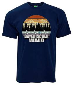 Bergwelt T-Shirt Bayerischer Wald mit Herzschlag Herren-Shirt, Kurzarm, Brustdruck | Navyblau | Größe M von Bergwelt