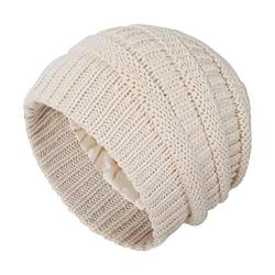 Beanie Mütze für Damen und Mädchen Winter Gestrickte Satin Gefütterte Beanie Hüte Strickmützen für Reisen Camping Skating Skifahren Outdoor Aktivitäten Beige von Berkelen