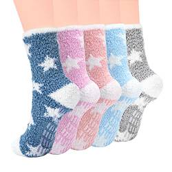 Kuschelsocken für Damen und Mädchen, Stoppersocken Warme Wintersocken Rutschfeste Dicke Bettsocken Haussocken für Heim Schlafen 5 Paar Stern von Berkelen