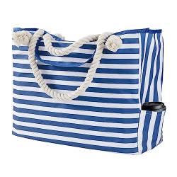 Strandtasche Groß Damen Schultertasche aus Polyester Shopper Sommer Tasche Badetasche Beach Tote Bag für Urlaub Reisen 42 x 15 x 38 cm Blaue und Weiße Streifen von Berkelen