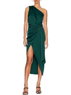 BerryGo Damen 2023 Satin One Shoulder Geraffte Formale Midi Kleid Ärmellos Bodycon Knoten Gürtel Wrap Cocktailkleid mit Schlitz, Smaragdrün, Mittel von BerryGo