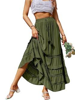 BerryGo Damen Boho Floral Wrap Maxi Rock Hohe Taille Langer Rock mit Schlitz, B1-armeegrün, 36-38 von BerryGo