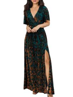 BerryGo Damen Boho V-Ausschnitt Rüschen Floral Wrap Maxikleid, Y-Samt-Blumendruck, grün (Faux Wrap), 34-36 von BerryGo