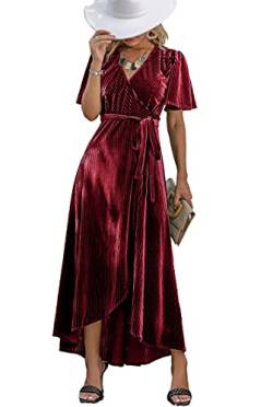 BerryGo Damen Boho V-Ausschnitt Rüschen Floral Wrap Maxikleid, Z-velvet Weinrot, 44 von BerryGo