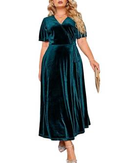 BerryGo Damen Plus Size Samt Maxikleid Formale Hochzeit Gast Langes Kleid V-Ausschnitt Hohe Taille Seitenschlitz A Linie Kleid, Blau, XX-Large von BerryGo