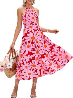 BerryGo Damen Sommer Neckholder Floral Maxi Kleid Boho Strand Urlaub Langes fließendes rückenfreies Kleid, A1, Blumenmuster, Rot, Klein von BerryGo