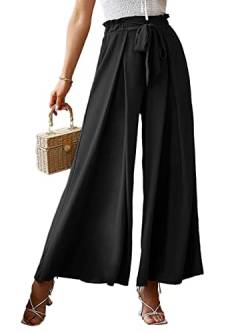 BerryGo Damenhose im Boho-Stil, Leinen, fließend, hohe Taille, elegant, geteilte Streifen, weites Bein, Solid Black, 44 von BerryGo