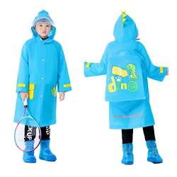 Berun Kinder Regenmantel Mädchen Jungen Regenponcho Faltbar Regenjacke Regenanzug Wasserdicht Einteilig Leicht Outdoor Overall Regen Softshelljacke Sport für Unisex 9-10 Jahre, Dinosaurier Blau von Berun