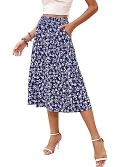 Berydress Röcke für Damen, elastische Taille, lässig, fließend, schwingend, A-Linie, Boho-Druck, floraler Midi-Röcke mit Taschen, Marineblau mit Blumenmuster, X-Groß von Berydress
