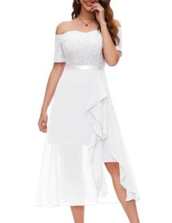 Berylove Abendkleid Damen Lang Glitzer Cocktailkleid Weißes Langes Kleid Off Shoulder Kleid Elegant Festliches Kleid Konfirmationskleider BLP7085 White L von Berylove