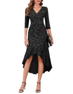 Berylove Abendkleid Schwarz Kleid Glitzer Damen Kleid Langarm Hochzeit V Ausschnitt Kleid Damen Weihnachts Kleider Frau Rüschenkleid 7065 Black XL von Berylove