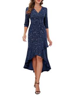 Berylove Abendkleid mit Glitzer Kleider Langarm Bodycon Fischschwanzkleid Winter Cocktailkleid Rüschenkleid V Ausschnitt 7065 Navy L von Berylove