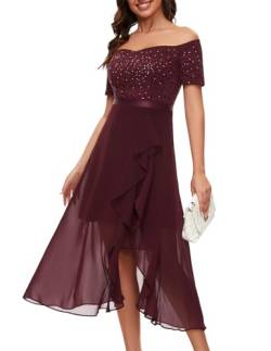 Berylove Abendkleider Elegant für Hochzeit Brautjungfernkleider Kleid für Hochzeitsgäste Off Shoulder Kleid Elegant Pailletten BLP7085 Burgundy 2XL von Berylove