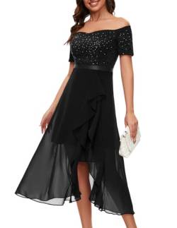 Berylove Abendkleider Glitzer Lang Kleid für Hochzeitsgäste Spitzenkleid Schwarz Cocktailkleid Damen Glitzer Brautmutterkleider für Hochzeit Chiffonkleid BLP7085 Black 2XL von Berylove