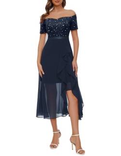 Berylove Abendkleider Glitzer Lang Kleider Hochzeitsgast Damen Vokuhila Kleid Brautmutterkleider Ballkleid Lang Chiffon Kleider BLP7085 Navy S von Berylove