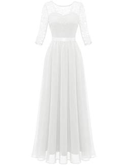 Berylove Abendkleider Lang Mit Ärmeln Spitze Langes Kleid Damen Elegant Festlich Kleid für Hochzeitsgäste Kleid Lang Damen Festlich BLP7049 White XS von Berylove