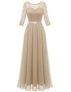 Berylove Cocktailkleid Lang Kleid Festlich Damen Hochzeitsgast Festliches Kleid Damen Hochzeit Langarm Rückenfreies Kleid 3/4 Ärmel BLP7049 Champagne XL von Berylove